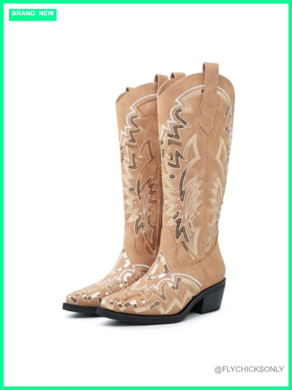 Sequin Embroidered Western Cowgirl Boots Mid Calf Pointed Toe Block Heel